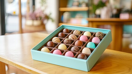 Wall Mural - A pastel box of chocolates displayed on a wooden table in a bright shop picture