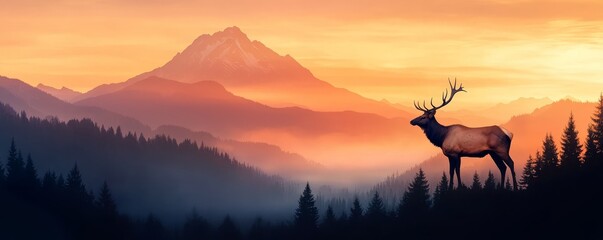 Wall Mural - A majestic stag stands silhouetted against a vibrant sunset, surrounded by misty mountains and dense forests, capturing the beauty of nature.