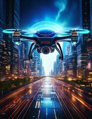 Wall Mural - drone hovering in a futuristic city with a sleek design.- 