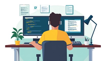 a minimalist home office with a front-end developer coding on a dual-monitor setup