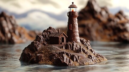 A chocolate lighthouse perched on an edible rocky base