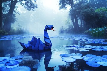 Wall Mural - A blue paper swan floats peacefully on the surface of a still pond