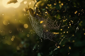A perfectly symmetrical spiderweb glistening with morning dew picture
