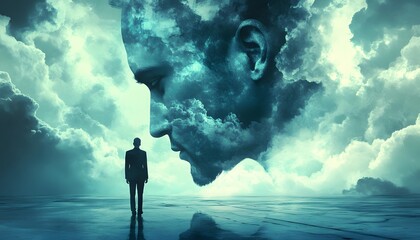 Aufkleber - Surreal Reflection of Inner Thoughts in a Mystical Landscape Featuring a Man Standing Alone Against a Giant Dreamlike Face Formed by Clouds and Atmospheric Light