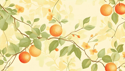 Wall Mural - A minimalist fruit design featuring orange and green patterns on a soft yellow background adds freshness and summer charm  -