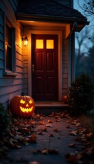 Wall Mural - Dry leaves and twigs scattered around a porch with a lit jack-o-lantern, porch, halloween, night