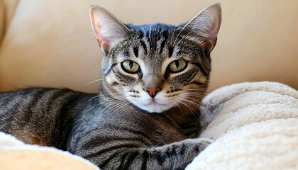 Canvas Print - Close-up of a tabby cat resting on a soft beige blanket.