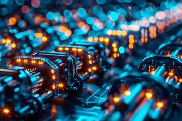Wall Mural - complex futuristic circuit board with bright orange lights transferring data