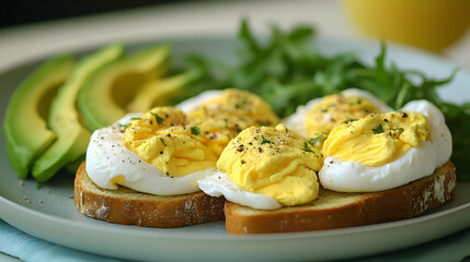 Sticker - Close-up of Poached Eggs with Avocado and Arugula on Toasted Bread