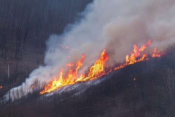 Canvas Print - Large wildfire raging in a dense forest, with flames and smoke filling the air