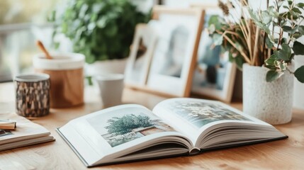 Poster - Cozy Home Office Setting with Open Book and Autumn Foliage