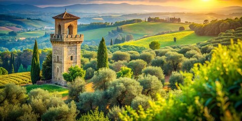 Wall Mural - Majestic Italian Tower with Olive Trees, Deep Depth of Field, Sunny Day