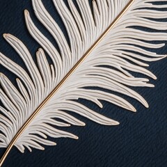 Wall Mural - Close-up of elegant white feather with gold stem on dark blue background.