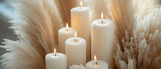 Wall Mural - Arrangement of white candles, pampas grass, and textured decor creating a serene and cozy vibe  -