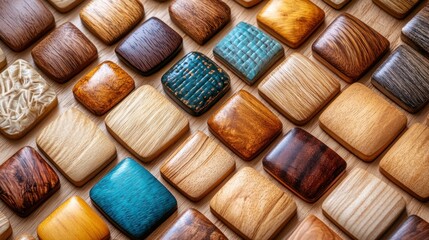 Wall Mural - Wooden squares, arranged, table, variety, texture, background, craft, sample