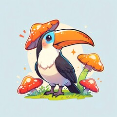 Canvas Print - Adorable Toucan Under a Mushroom