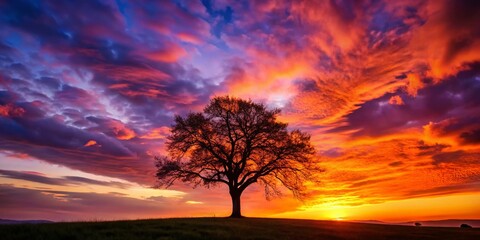 Wall Mural - Majestic Silhouette of Tree at Sunset, Dramatic Landscape Photography