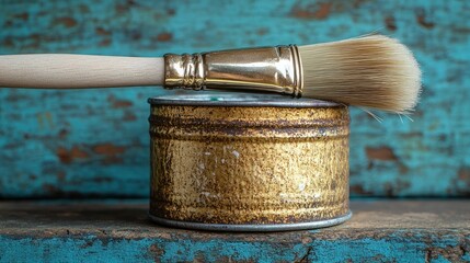 Paintbrush atop vintage can, rustic wood