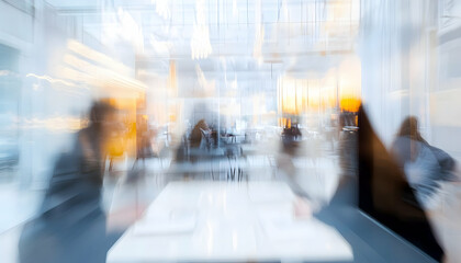 Wall Mural - Blurred image of a corporate meeting room with a large table, symbolizing collaborative teamwork and decision-making  -