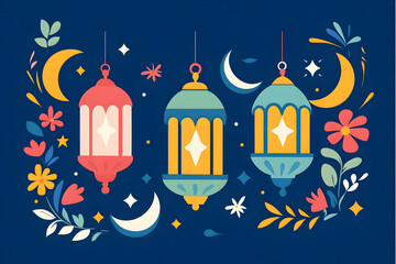 Sticker - Festive lanterns hanging, floral night, celebration, greeting card