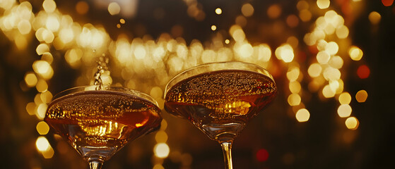 Wall Mural - Champagne glasses bubbling against a backdrop of festive golden lights for a celebratory scene  -