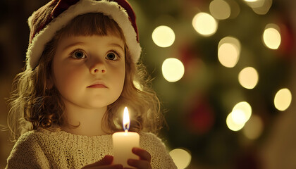 Wall Mural - Child holding a candle during a peaceful Christmas Eve service, capturing the calm and spiritual ambiance for holiday cards or posters  -
