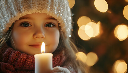 Wall Mural - Child holding a candle during a peaceful Christmas Eve service, capturing the calm and spiritual ambiance for holiday cards or posters  -