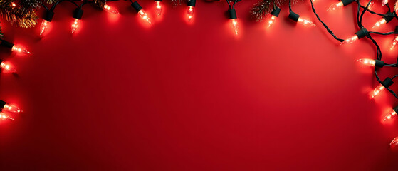 Wall Mural - christmas garland lights framing a bold red background with ample space for seasonal messages -
