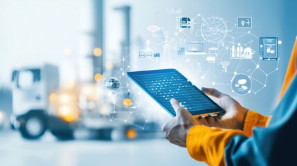 Hands Using Modern Digital Device in Workspace with Abstract Graphics