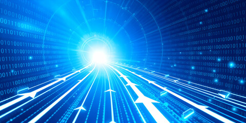 Digital matrix, binary code, glowing blue lines, futuristic technology, data streams, cyber network, electric blue, abstract background, digital landscape, information flow, high-tech visualization, 