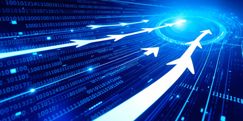 Digital matrix, binary code, glowing blue lines, futuristic technology, data streams, cyber network, electric blue, abstract background, digital landscape, information flow, high-tech visualization, 