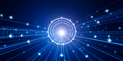 Digital matrix, binary code, glowing blue lines, futuristic technology, data streams, cyber network, electric blue, abstract background, digital landscape, information flow, high-tech visualization, 