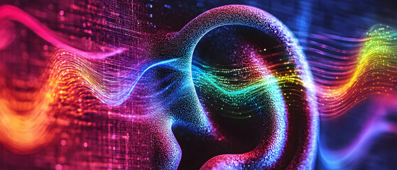 Wall Mural - close-up of an ear surrounded by colorful sound waves, symbolizing active listening and engagement -