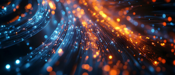 Wall Mural - Close-up of network cables illuminated by blue and orange lights, showcasing active data transfer and connectivity in a modern server room  -