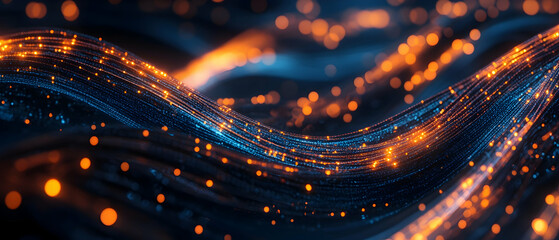 Wall Mural - close-up of network cables illuminated by blue and orange lights, showcasing active data transfer an