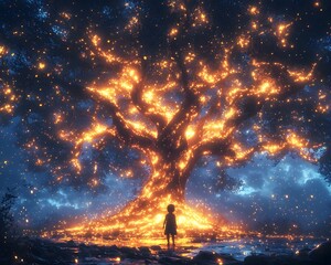 Wall Mural - awestruck child gazes at bioluminescent glowing tree in starry night landscape