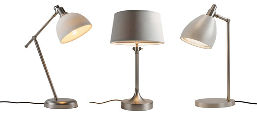 Three modern table lamps with adjustable shades, perfect for home decor. isolated on white or transparent png background