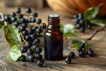 Wall Mural - Small brown bottle of essential oil sits on a rustic wooden table surrounded by freshly picked black berries and green leaves