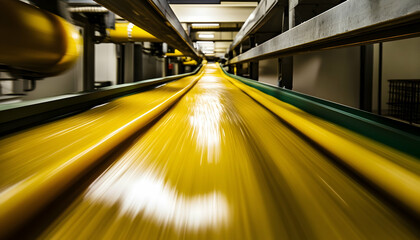Wall Mural - Conveyor belt in a pasta factory transporting golden-yellow pasta, highlighting the efficiency of food production in an industrial setting  -