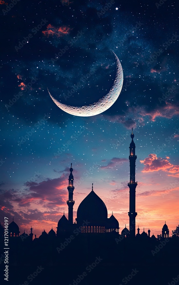 Beautiful night sky with a crescent moon and the silhouette of a mosque ...
