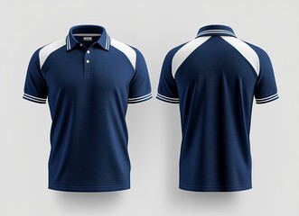 Wall Mural - Dark blue polo shirt template, front and back view isolated on a white background. Mockup for design or print presentation. High resolution. Stock photo. 