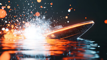 Canvas Print - Abstract Glowing Boat Speeding Through Dark Water