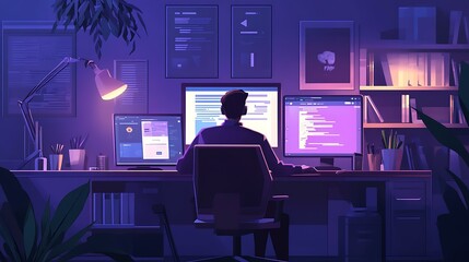 A developer deploying changes to a web app in a fast-paced tech office