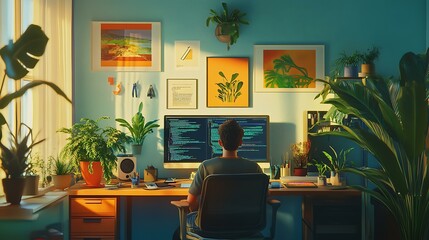 a creative workspace filled with coding tools, plants, and a full-stack developer at work