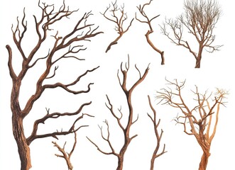 Wall Mural - Dried tree branches on a white background, silhouettes of dead, leafless trees, close-up of dry foliage, dead wood, no leaves or flowers in the winter season, cutout, vector illustration, 