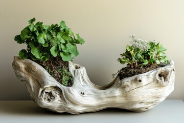 Two potted plants in a rustic driftwood planter.