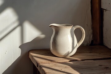 Wall Mural - A single ceramic jug of milk styled on a wooden bench with faint natural shadows. picture