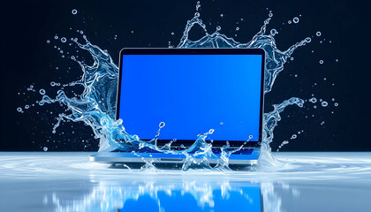 laptop, water splash, digital art, glowing blue liquid, dark background, reflective surface, high-tech, futuristic, dynamic, surreal, energy waves, neon blue, electric effect, photorealistic, 3D rende