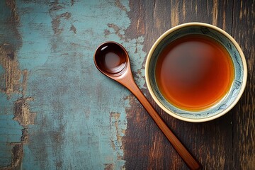 Wall Mural - A single Chinese soup spoon resting beside a small bowl of dipping sauce. picture