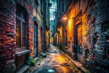 Wall Mural - Grungy Urban Exploration: Dark Alleyway with Decaying Brick Walls